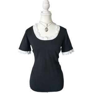 Y2K “Esprit” Black and White Layered Knit Ruffle Trim Blouse